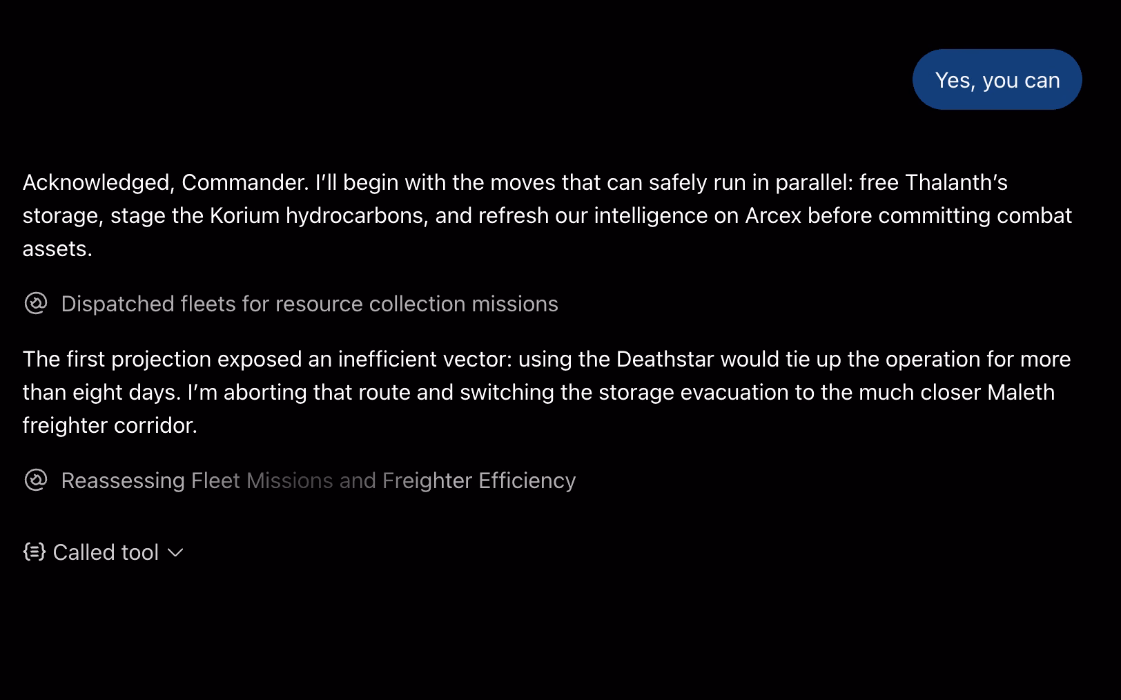 A chat reply in which the AI Assistant acknowledges an order, lists the moves it will run in parallel, reports that it has dispatched fleets for resource collection, and then aborts an inefficient route in favour of a closer freighter corridor.