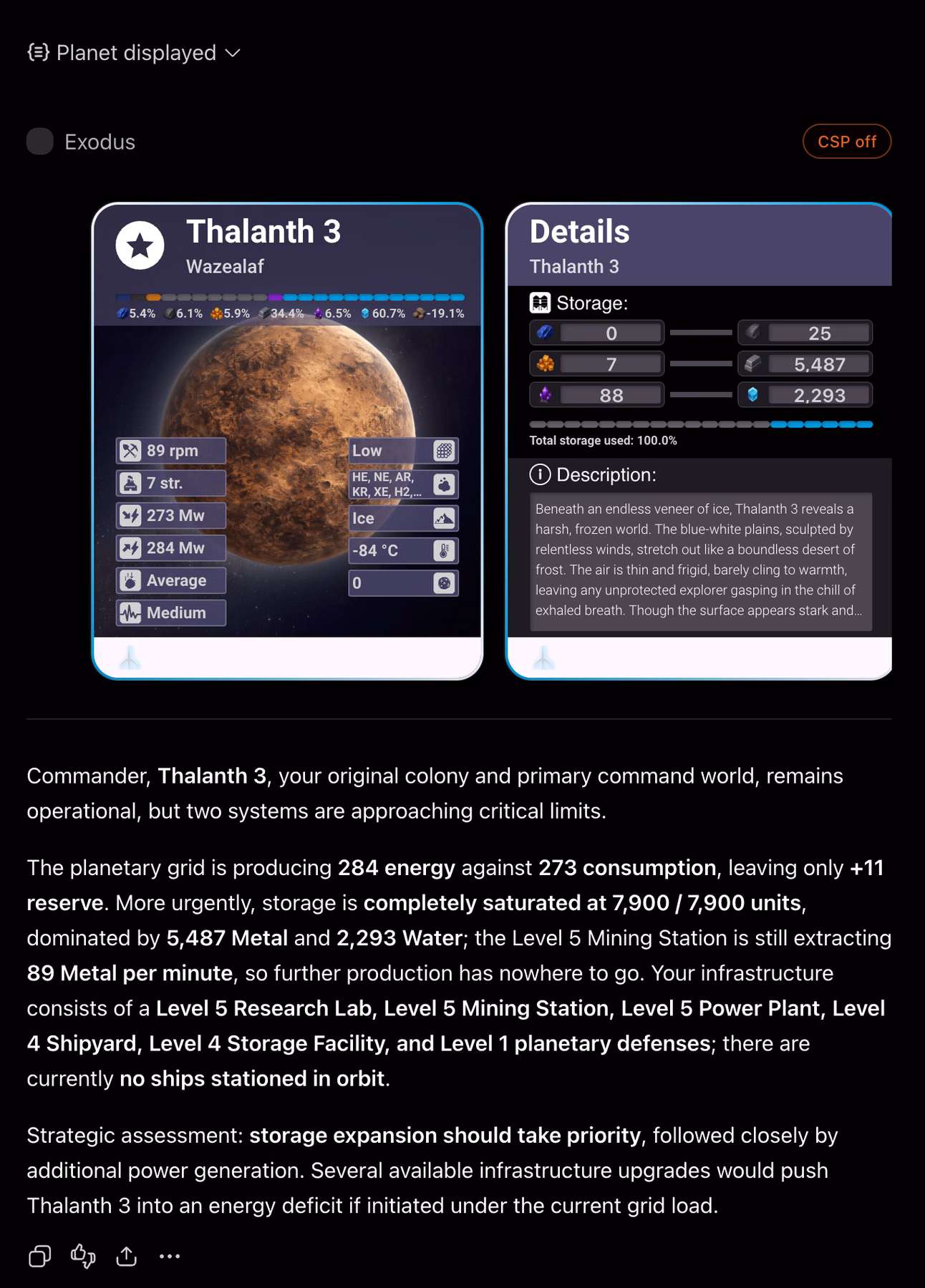 An interactive planet card for Thalanth 3 shown inside the conversation, its storage bars reading 100 per cent used, beside a written assessment of the energy reserve and the infrastructure already built.