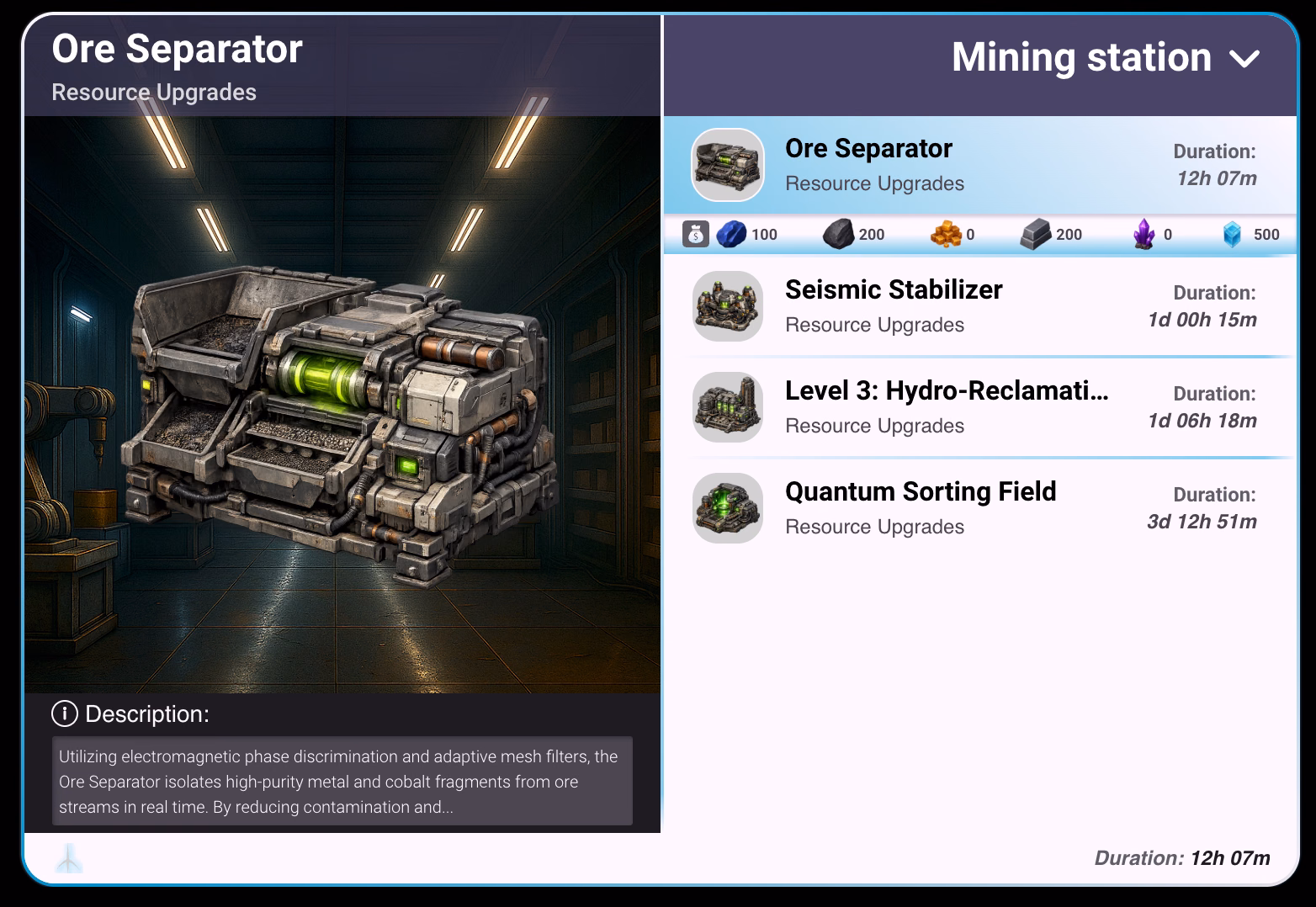 The Ore Separator module shown beside a Mining station upgrade list, each entry carrying its resource cost and build duration.