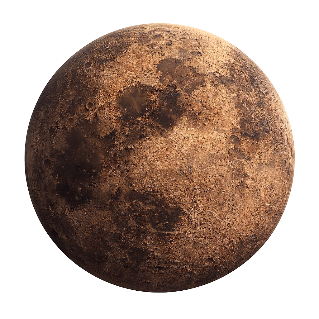 A cratered ochre world rendered against empty space.