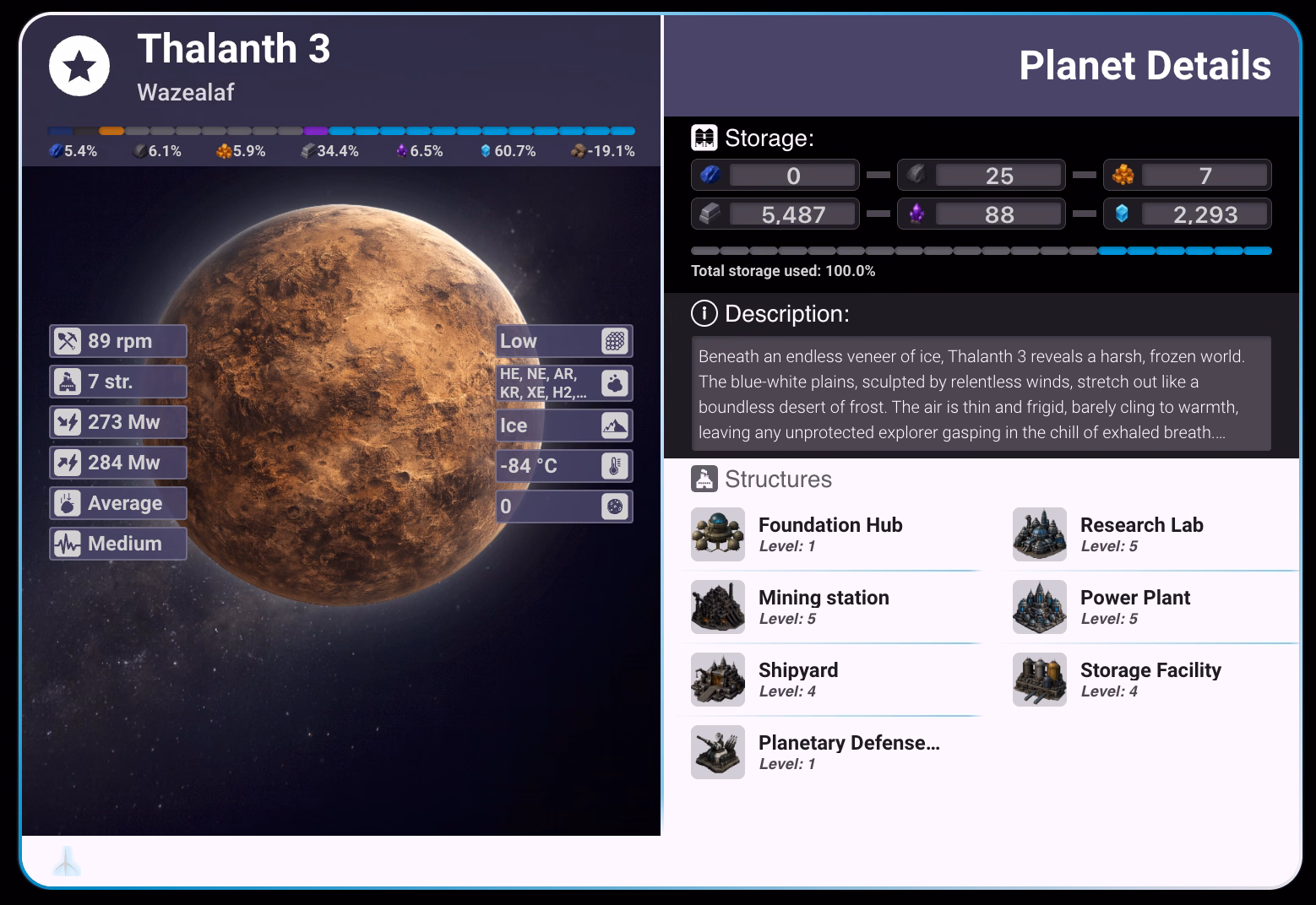 The planet detail card for Thalanth 3: a rendered ice world beside its resource percentages, storage bars, written description and a list of structures with the level of each.