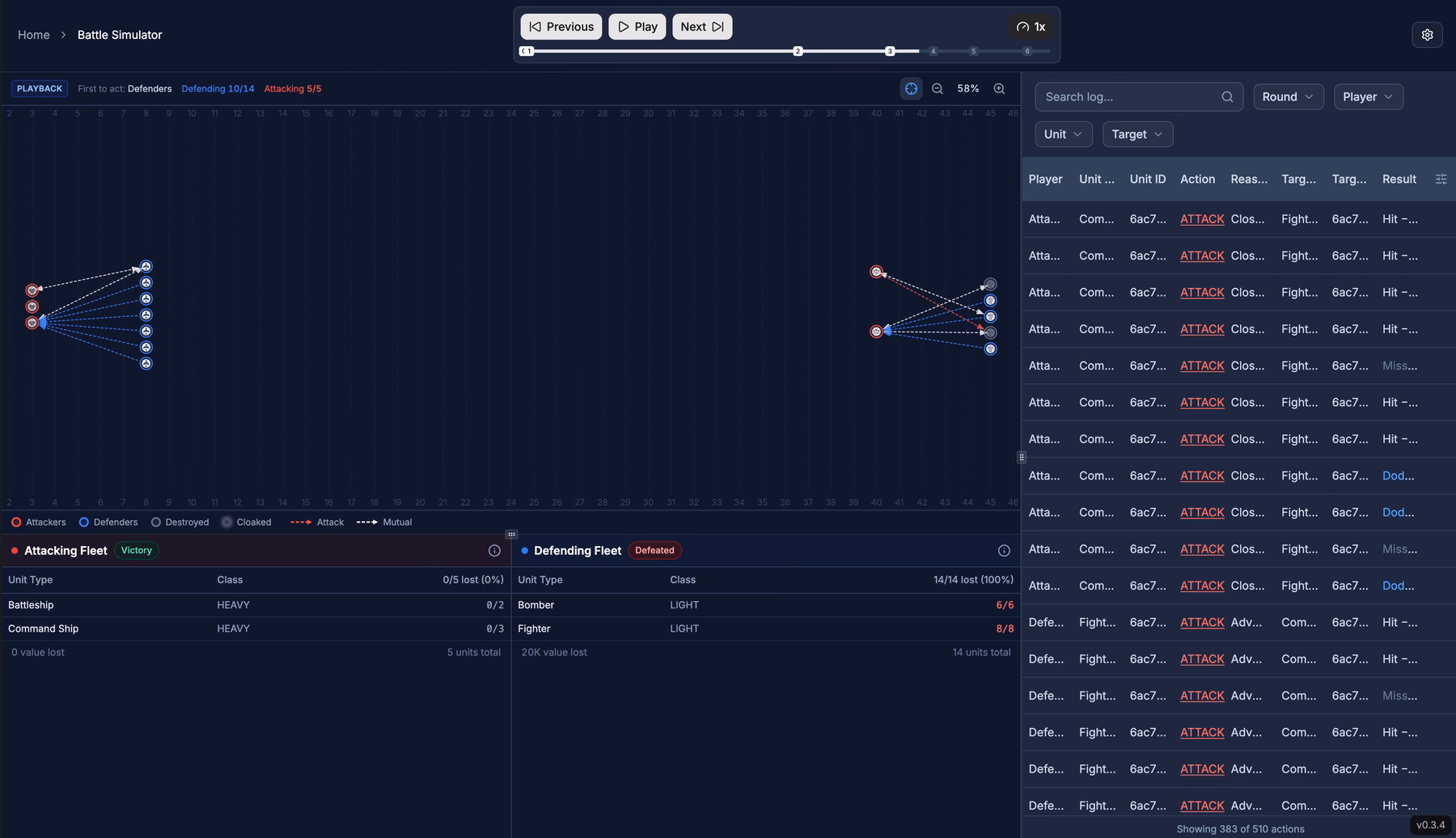 The visual battle simulator: attacking and defending units plotted on a grid with arrows showing who attacks whom, playback controls to step through each round, a summary in which the attacking fleet wins without losses, and a filterable log of 510 combat actions.